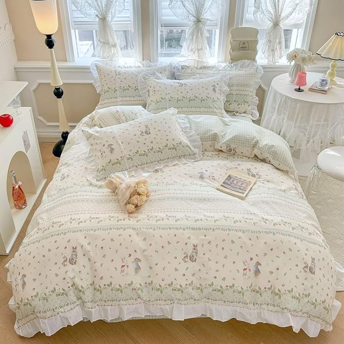 LifeTB Ruffle Floral Comforter Girls Flower Comforter Set Queen Aesthetic Leaves Floral Bedding Comforter with Cute Rabbit Reversible Green Plaid Comforter Princess Bedding Botanical Comforter Set