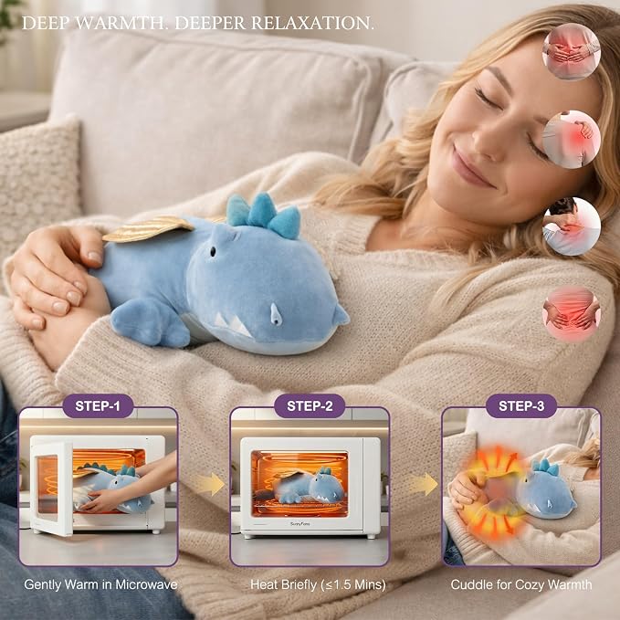 OSOCU® Microwavable Heating Pad Blue Winged Dragon Plush - 1.4 Lb Weighted Stuffed Animal Toy with Tourmaline Beads & Lavender - 16" Squished Long Dinosaur Pillow - Lumbar Back Cushion Lasting Warmth