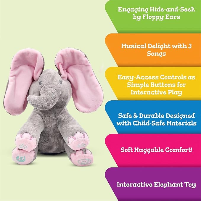 Dimple Kaia Peek A Boo Elephant Toy, Interactive Singing Stuffed Animal Plush with Moving Ears, Musical Stuffed Animal for Babies and Toddlers, Adorable Elephant Baby Toy