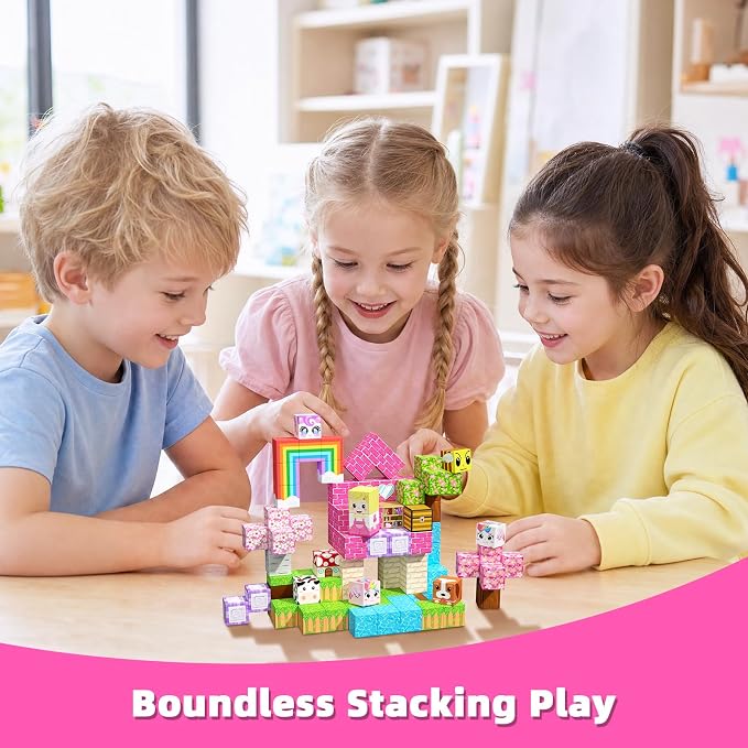 100PCS Magnetic Blocks, Magnetic Building Cube Set for Kids Ages 3+, Constructions STEM Stacking Tiles Toy Building Birthday Gifts for Girls