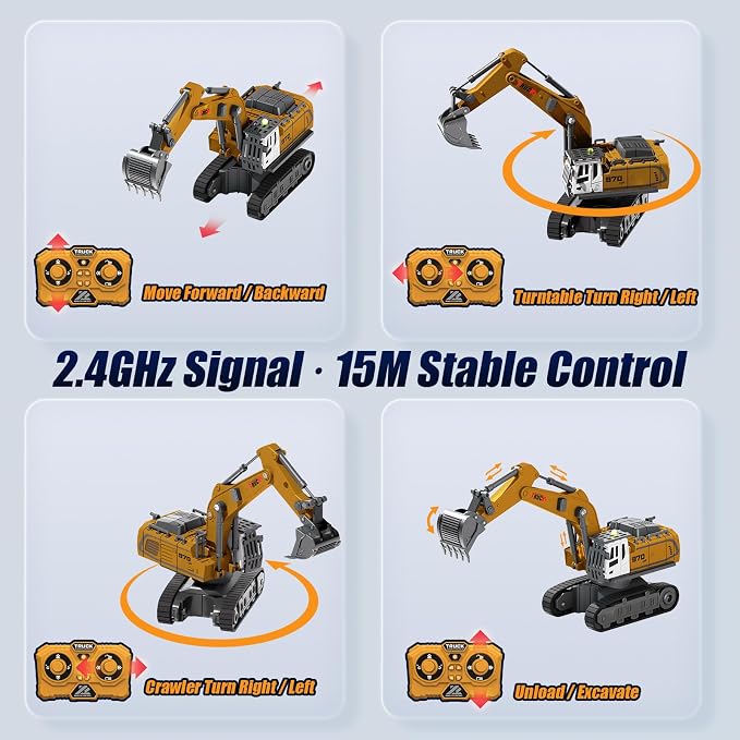 1:64 Remote Control Mini Excavator Toy, 2.4GHz RC Excavator with 11-Channels, 330° Rotation, Type-C Charging, LED Light & Music, Includes 4 Road Barriers, Construction Vehicle Gift for Kids & Adults