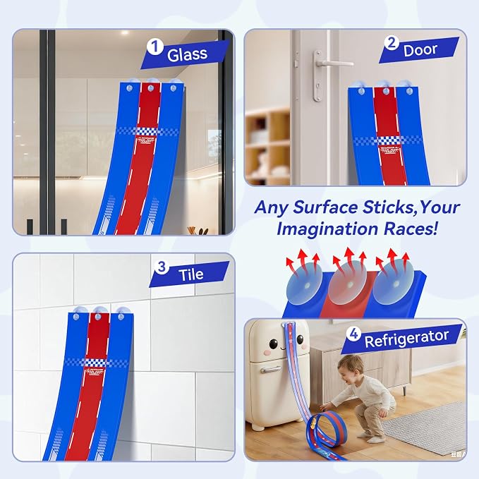 3-Lane Flexible Race Track for Kids, 16.4 Ft Flex Race Car Ramp Track with 3 Cars & Suction Cups - Compatible with Diecast 1/64th Cars, Portable Car Tracks Toys for Kids Boys Girls Ages 3-8+