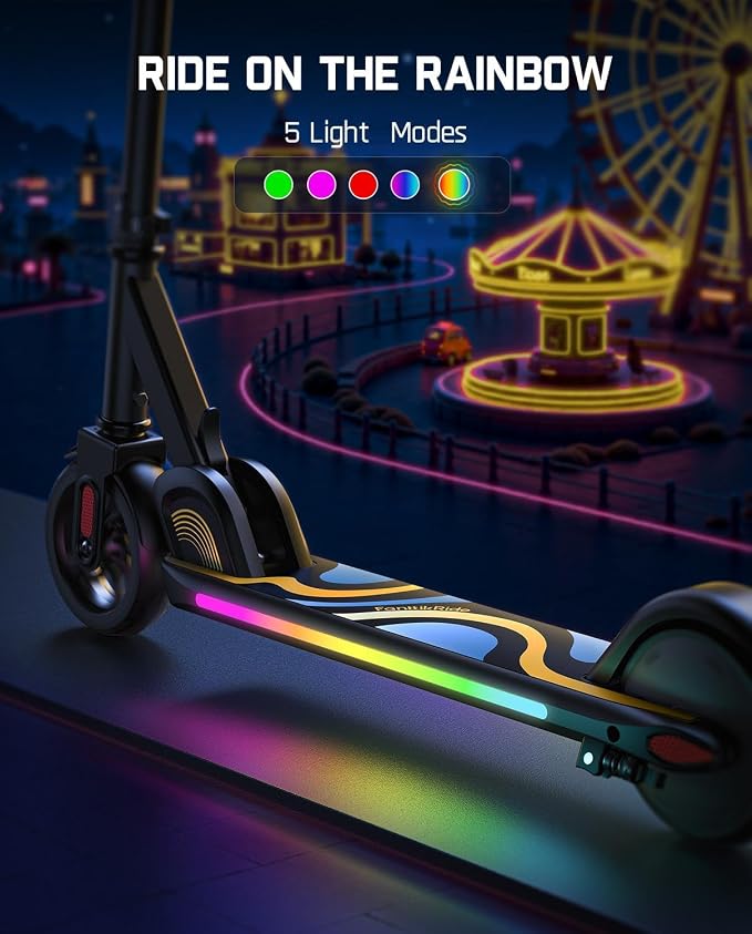 FanttikRide C9 Pro Kids Electric Scooter Ages 8-12, Colorful Rainbow Lights, E-Scooter for Kids 3.9-5.2 ft, 132 lbs, 5 Miles Range, Up to 40 min Ride Time, 5/8/10 MPH, 3 Adjustable Heights