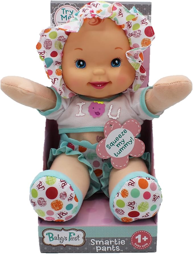 Goldberger Baby's First 12" Smartie Pants Doll with Raspberry White T-Shirt - Includes "Baby Talk" Sound Module with Surprise Raspberry Ending