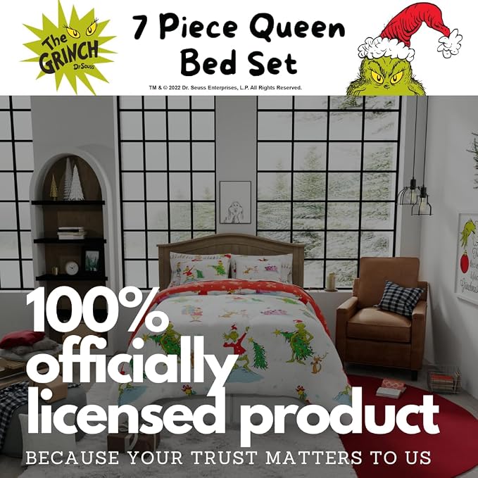 Grinch By Dr. Seuss Holiday & Christmas Bedding Super Soft Comforter and Sheet Set with Sham, 7 Piece Queen Size (Official Dr. Seuss Product) By Franco