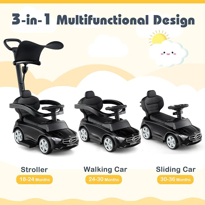 Costzon Push Car for Toddlers, 3 in 1 Mercedes Benz Stroller Sliding Walking Car w/Canopy, Handle, Safety Bar, Horn Sound, Underneath Storage, Foot-to-Floor Ride On Toy for Boys & Girls (Black)