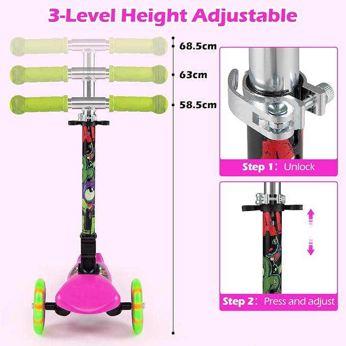 OLAKIDS Kids Kick Scooter with LED Front Wheels, 3-Level Adjustable Handlebars, Lean-to-Steer Design, Rear Foot Brake, Wide Anti Slip Deck, 3-Wheel Scooter for Kids Ages 2-5