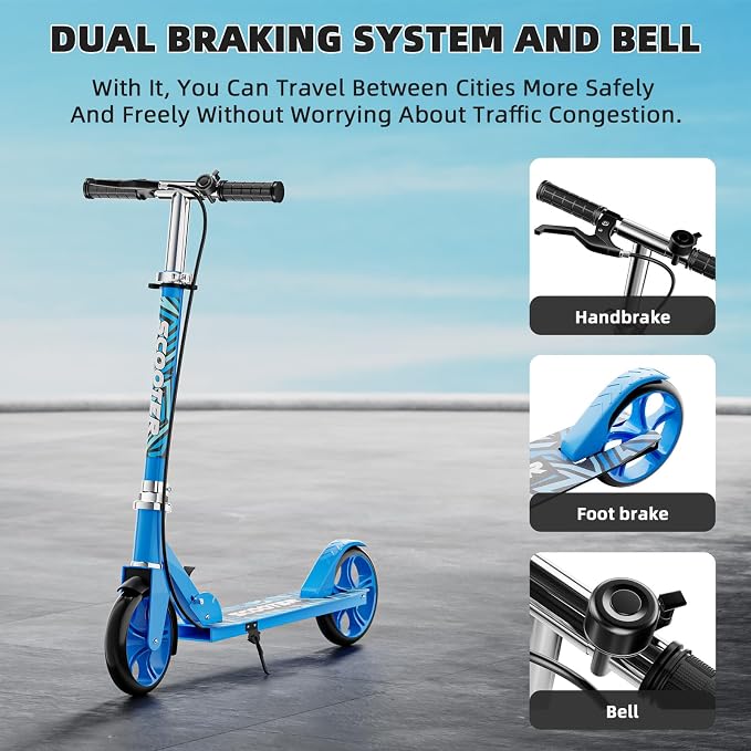 Scooters for Kids 8-12, Teens & Adults - Lightweight, Foldable, 8-Inch Big Wheels, Hand Brake & Bell, 4 Adjustable Height Levels, 240 lbs Max Load, Perfect for School, Campus and Park Rides