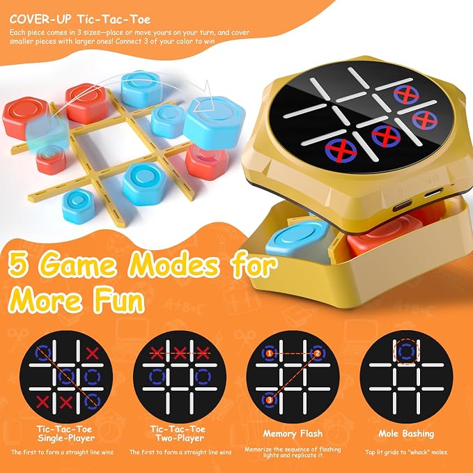 Electronic Tic Tac Toe Game, 5-in-1 Electric Tic Tac Toe with Mute & Rechargeable - Handheld Travel Board Game for Kids Ages 4+, Adults, Family - Educational Learning Toy for Boys Girls, Yellow