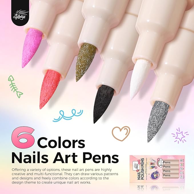 6 Colors Nail Art Pens Set, 3D Nail Polish Pens Quick-Drying Acrylic Paint Markers, Dotting Liner Brush for DIY Nail Design, Home & Salon Manicure Tools