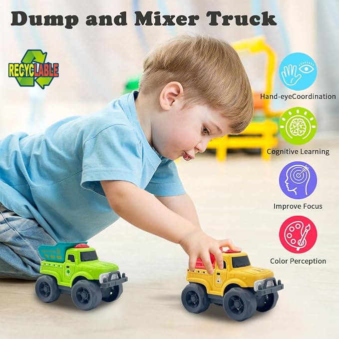 Aigitoy 2 Pack Toddler Cars for 1-3 Years, Dump Truck & Mixer Truck | Construction Vehicles, NO BPA, Phthalates, PVC, Recycled Plastic, 18M+ Outdoor Toys, Xmas Birthday Gift for Boys Girls