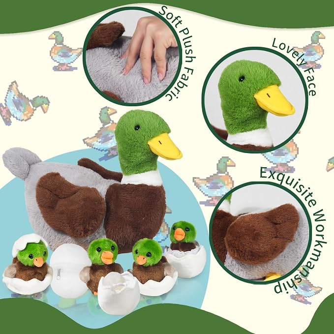Youthfuljive 7 in 1 Mallard Duck Stuffed Animals Duck Plush Toys, 12" Zipper Mommy Stuffed Duck with 4 Baby Ducks Ducklings Eggs Green Duck Plushies Pillow for Kids Birthday Farm Party Decor