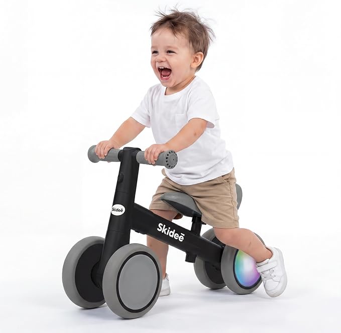 SKIDEE Toddler Balance Bike 1-3, 4-Wheel Balance Bike with Rare Light-Motion-Activated LED Wheels, Adjustable Height & Child Safe Steering, Lightweight Ride-On Toy Training Bike for Boys & Girls