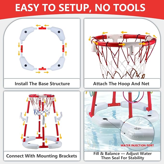 Pool Basketball Hoop with 4 Balls & 12 Rings, 2-in-1 Floating Pool Toys for Kids Adults, Water Game for Indoor Outdoor Swimming Backyard Party, Portable Summer Gifts for Boys Girls Ages 8-12, Red