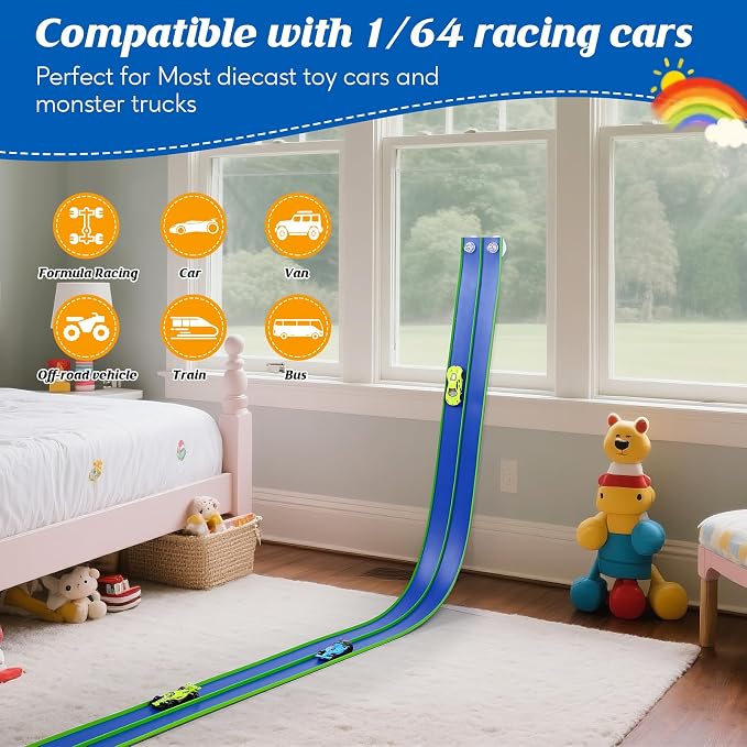 Flexible Race Car Track 15 Ft Starter Set with Suction Cups Compatible with Diecast 1/64th Car for Ages 3 & Up Track Long Rolls Up Portable Racetrack