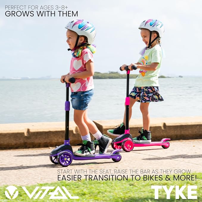 Vital Tyke 3 Wheel Toddler Scooter | LED Wheels, Foldable, Tool-Free Adjustable Handlebar & Removable Seat Scooters for Kids 3-5 and kick Scooters for Kids 5-7 up to 110lbs
