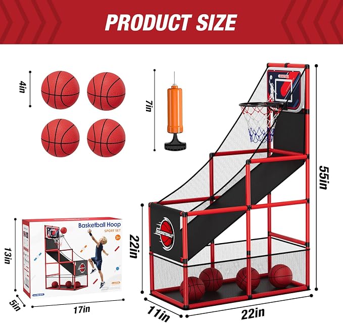 HYES Basketball Arcade Game Indoor Outdoor, Kids Basketball Hoop with 4 Balls & Pump, Single Shot Basketball Game at Home, Carnival Games Sport Toys for Boys Girls Teens
