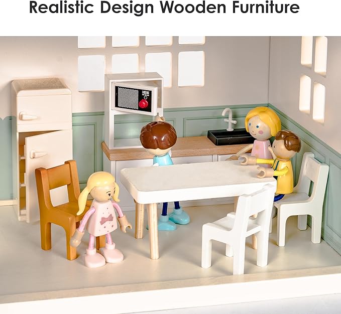 Wooden Dollhouse for Kids, 6-Room Modern Style Toy Doll House Playset with 26 Furniture & Functional Doors, 1:12 Scale Open Plan Dollhouse Designed for 4-6 Inch Dolls, STEM Creative Gift for Ages 3+