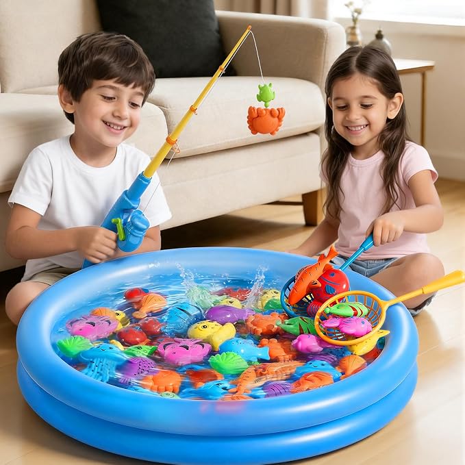 Magnetic Fishing Game Toys with Inflatable Pool for Toddlers 1-3 3-5, Kids Bathtub Pool Water Table Toys, Birthday for 2 3 4 5 6 Year Old Boys Girls