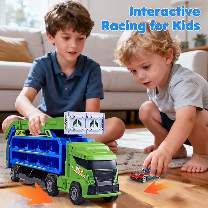 Race Track Truck Toys for 3 4 5 6 Years Old Kids - Carrier Truck Transport Car with 6 Die-Cast Cars Toys, 4-in-1 Truck with 2 Foldable Race Tracks, Christmas Birthday Gifts Toy for Toddler Boys, Cyan