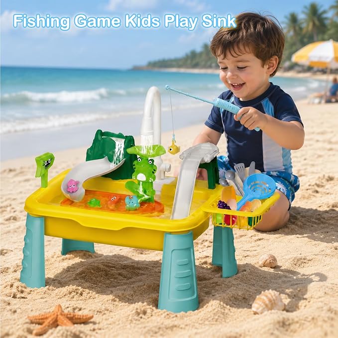 Toddler Water Table with Running Water Sink, 2026 Upgraded Kids Kitchen Play Sink Toy with Pump, Fishing Game & Sensory Water Play Toys for Boys Girls Ages 1-3