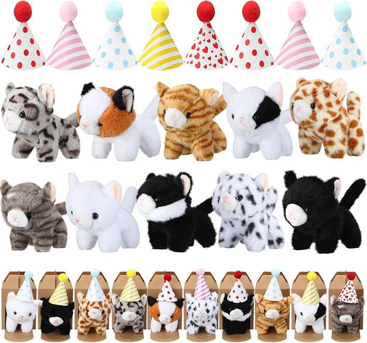 10 Set Kittens Stuffed Animals Bulk with 10 Birthday Hats 10 Kraft Paper Boxes Mini Plush Toys Small Stuffed Cat Pet Gifts for Kids, School Birthday Animal Decor(Standing Style)