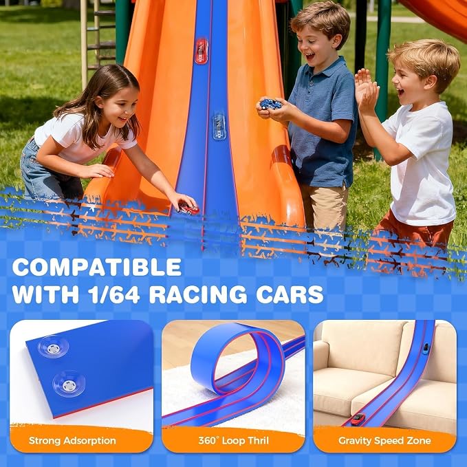 15 Ft Flexible Race Track for Kids, DIY Car Track Set with 2 Toy Cars & 3 Suction Cup Ramps, Easter Basket Stuffers for Teens & Boys Girls, Creative Easter Gifts for Kids, Blue & Red