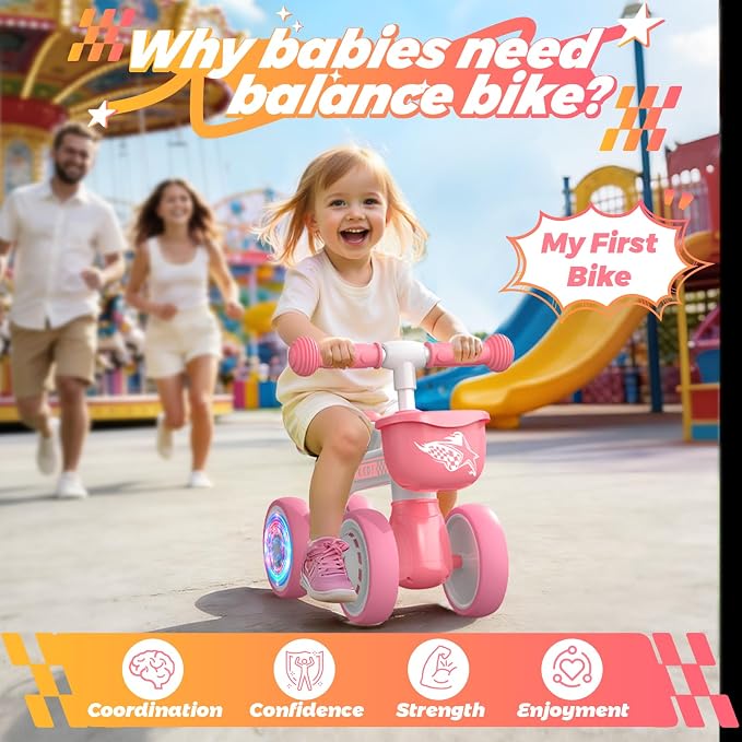 Kkdi Baby Balance Bike Ride on Toys for 1 2 Year Old, Pink Toddler Bike, First Birthday Gifts for 1 2 Year Old Girls, Baby Indoor Outdoor Toy, Colorful Lighting Silent Wheels, No Pedal/Basket