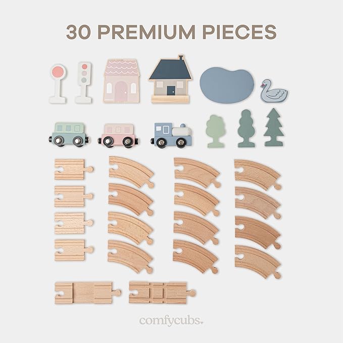 Comfy Cubs 30-Piece Wooden Train Set for Toddlers Ages 1+, Fun & Eco Friendly Toddler Train Set with Wooden Toy Tracks - Creative Toy Town Promoting Imaginative Play with Flexible Configuration