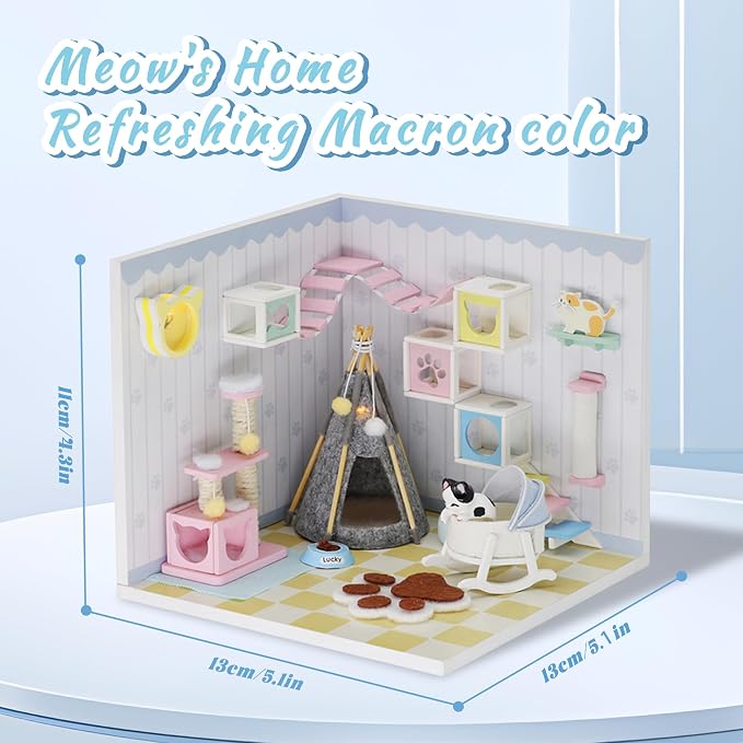 Kisoy Dollhouse Miniature with Furniture Kit, DIY 3D Wooden DIY House Kit A Corner of a Small Apartment Style with Dust Cover & LED,Handmade Tiny House Toys for Gift of Teens and Adults(Pet Room)