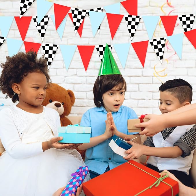 Tiamon 5 Pcs Racing Car Flag Banner Party Decorations Red Blue Black White Checkered Triangle 49.2 Ft Flag Race Car Pennant Banner Garland Streamer for Birthday Baby Shower 2nd Two Fast Party Supply