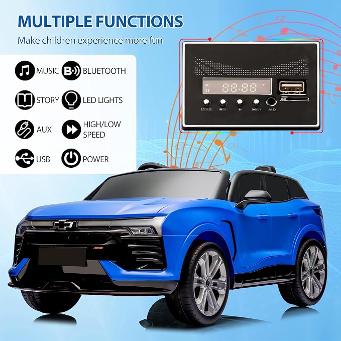 2-Seater 24V Electric Car for Big Kids, Licensed Blazer Chevrolet Ride on Car w/Parent Remote Control, Music, Headlights & Spring Suspension, Battery Powered Ride-on Toy for Kids Ages 3-8, Blue