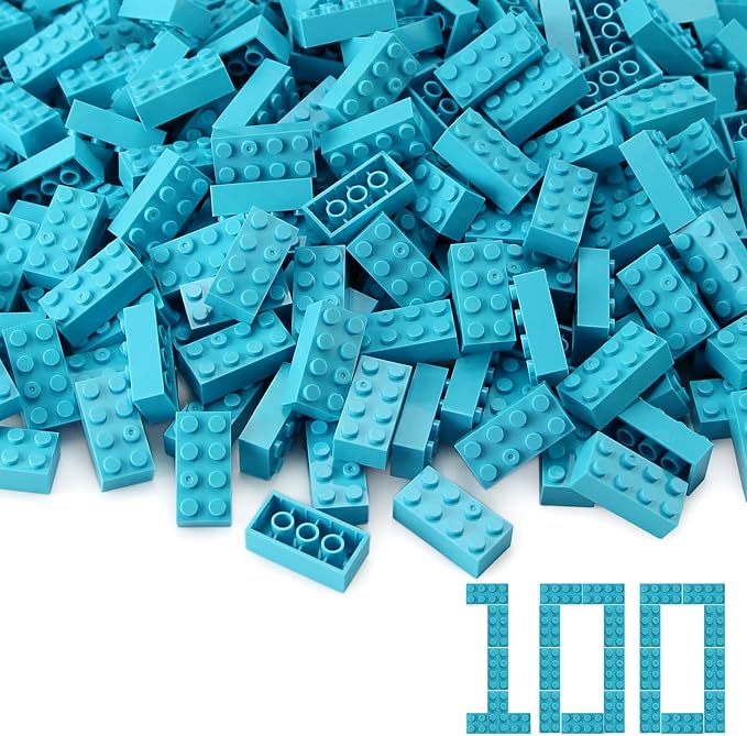 100pcs 2x4 Bricks Medium Azure Pieces Parts Classic Building kit Creative Play Set Basic Blocks Toy Accessories Compatible with 3001 Major Brands