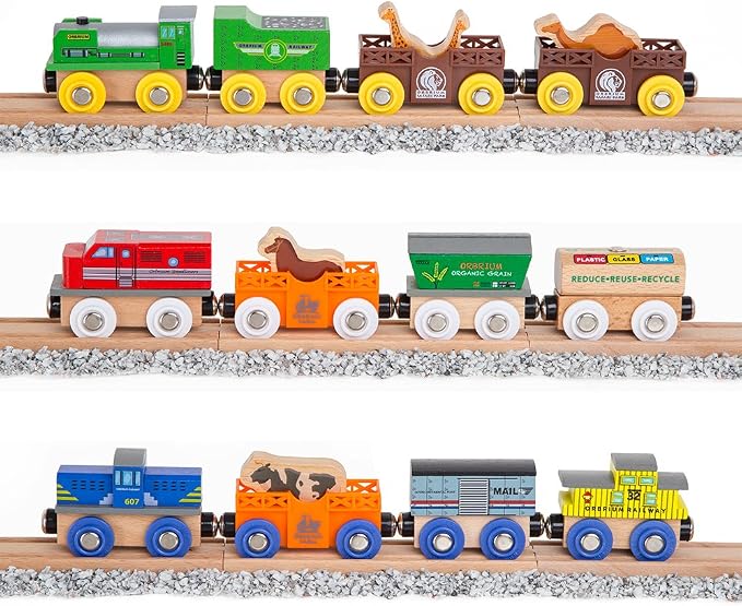 ORBRIUM Wooden Train Set 12 Magnetic Train Cars & Engines 18 PCS Collection Animal Trains Circus Farm Safari Zoo Compatible w Thomas Brio Melissa & Doug Wooden Railway for Toddlers Kids