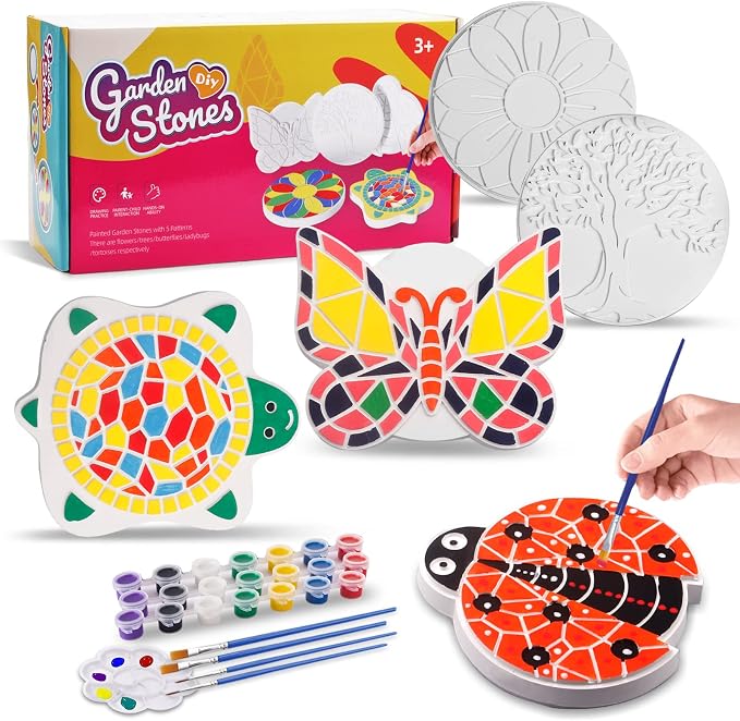 Paint Your Own Stepping Stones 5-Pack for Kids, Boys & Girls Ages 3-12, Butterfly, Turtle, Flower, Tree & Ladybug DIY Outdoor Garden Art & Craft Ceramic Painting Set for Birthday Summer Activity