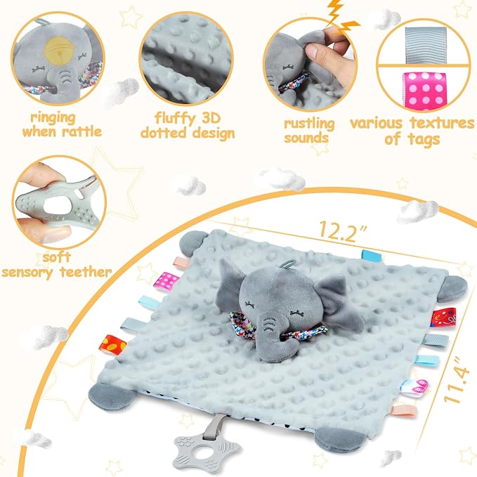 Elephant Security Blanket with Tags Teether Animal Taggie Soft Baby Blankets for Boys and Girls Baby Stuff for Newborn Toys Snuggle Baby Lovey Dotted Blanket Animal Soothing Crib Toy