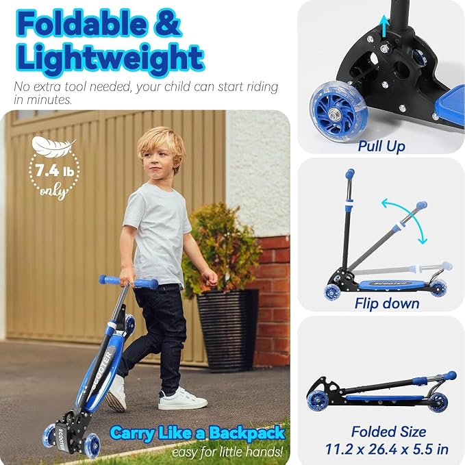 Scooter for Kids Ages 3-5, LED Light Up 3 Wheel Toddler Scooter with 4 Adjustable Heights, Lean-to-Steer Wheels, Safe Metal Brake, Foldable Kick Scooter for Boys Girls, Support 120 lbs, Birthday Gift