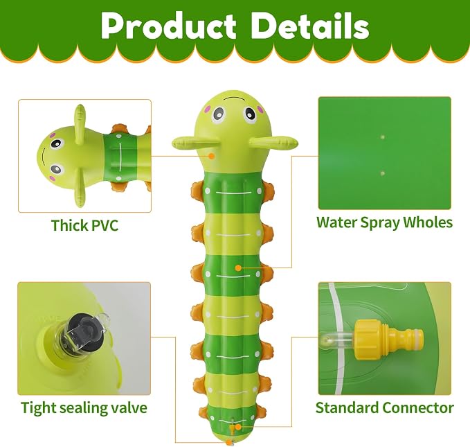Water Sprinkler for Kids, Large Caterpillar Inflatable Sprinkler, Kids Sprinklers for Yard, Outdoor Water Toys Spray Summer Water Play for Boys Girls Dogs Backyard (Yellow)