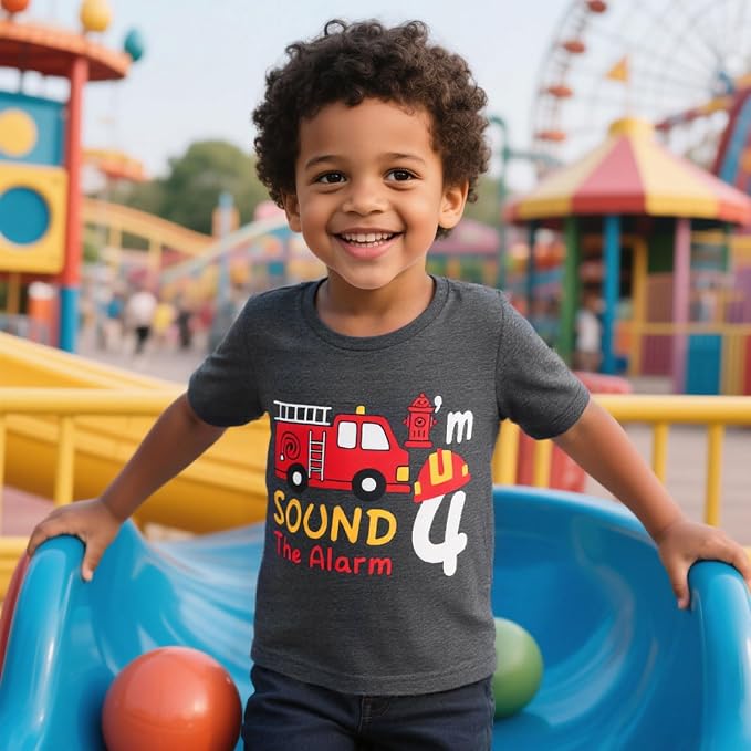 Lovekider 2-5 Years Birthday Boy Shirt Construction Party T-Shirts Excavator Cotton Short Sleeve Tee Dark Grey
