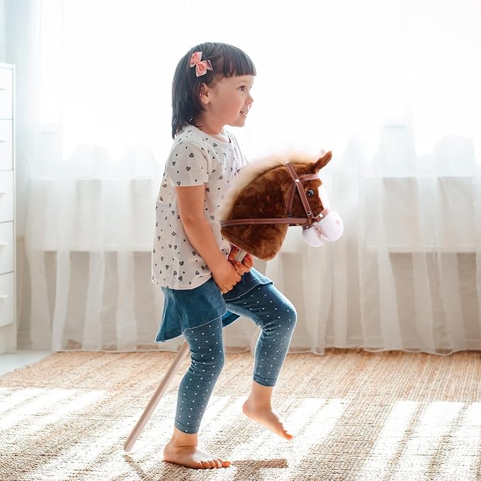Linzy Toys 35.5" Plush Stick Horse - Funny Hobby Horse with Pony Sound, Soft Realistic Mane & Durable Leather Reins, Pretend Play Riding Toy for Boys & Girls Ages 3+ (Brown)