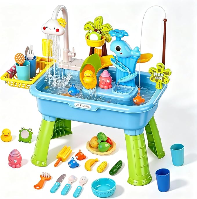 2026 Upgraded Water Table for Toddlers 1-3, Outdoor Water Play Table for Kids Ages 4-8 with Pump, Toddler Water Table, Play Sink with Running Water, Kitchen Sink Toy, Fishing Game, Sensory Table, Blue