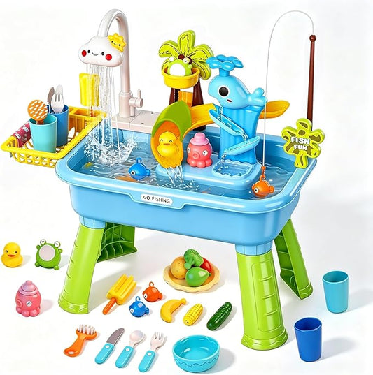 2026 Upgraded Water Table for Toddlers 1-3, Outdoor Water Play Table for Kids Ages 4-8 with Pump, Toddler Water Table, Play Sink with Running Water, Kitchen Sink Toy, Fishing Game, Sensory Table, Blue