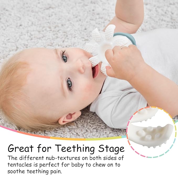 Baby Teether Teething Toys for Babies 3-12 Months, Fun Baby Teething Toys for Infant 12-18 Months, Mombella Octopus Teethers 6 Month Old, Silicone Comfort Chewing Toy for Kids, Iron Green