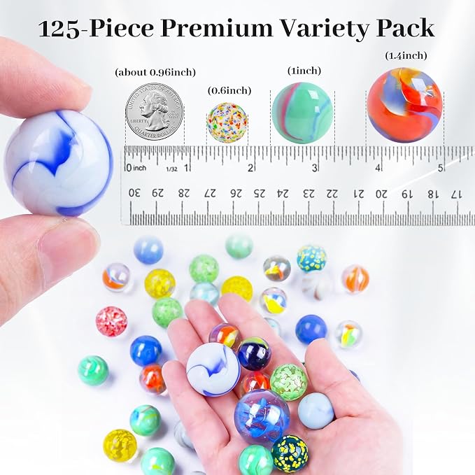 Shindel 125PCS Glass Marbles Bulk, Assorted Sizes Colorful Marbles - Great Gift Option for Collectors, Home Decor & Traditional Games