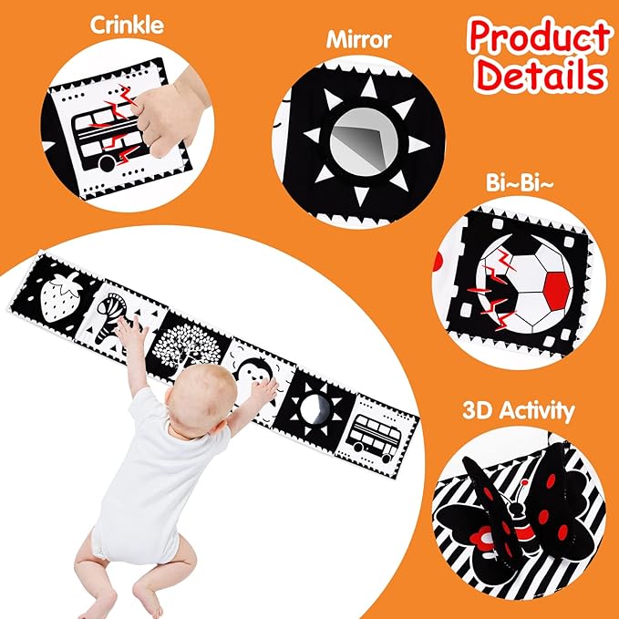 Black and White High Contrast Toys for Baby 0-3 3-6 months Infant Tummy Time Soft Crinkle Book Mirror Sensory Toys 0 2 4 5 6 Month Old Babies Boy Gril Newborn Development Christmas Stocking Stuffer