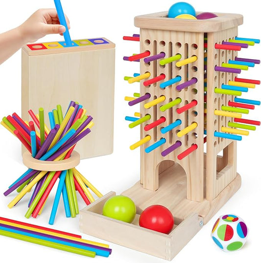 ROOCHKD Wooden Sorting Toy Montessori Color & Shape Sorter Class Activity Toddlers Fine Motor Game for Colors and Shapes Recognition, Birthday Gifts for Boys and Girls (Wood Sorting Tower)