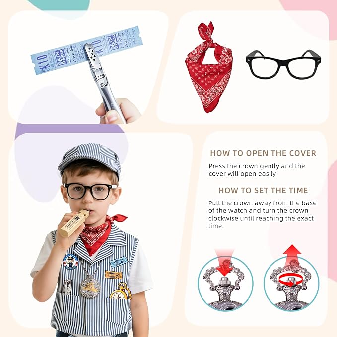 Kids Train Conductor Costume Set 7 Pcs - Halloween Engineer Dress Up with Wooden Train Whistle, Ticket Punch & Pocket Watch | Complete Role Play Accessories for Boys Girls Ages 3-12