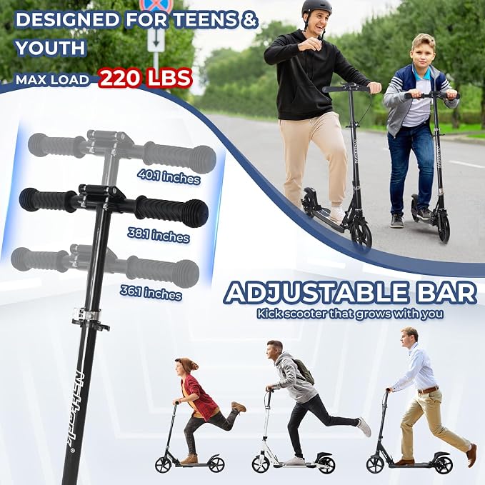 Nattork Scooter for Kids 6+, Teens & Adults - Max Load 220LB, Foldable, Lightweight, Adjustable Height, 8-Inch Wheels Kick Scooter for Boys Girls