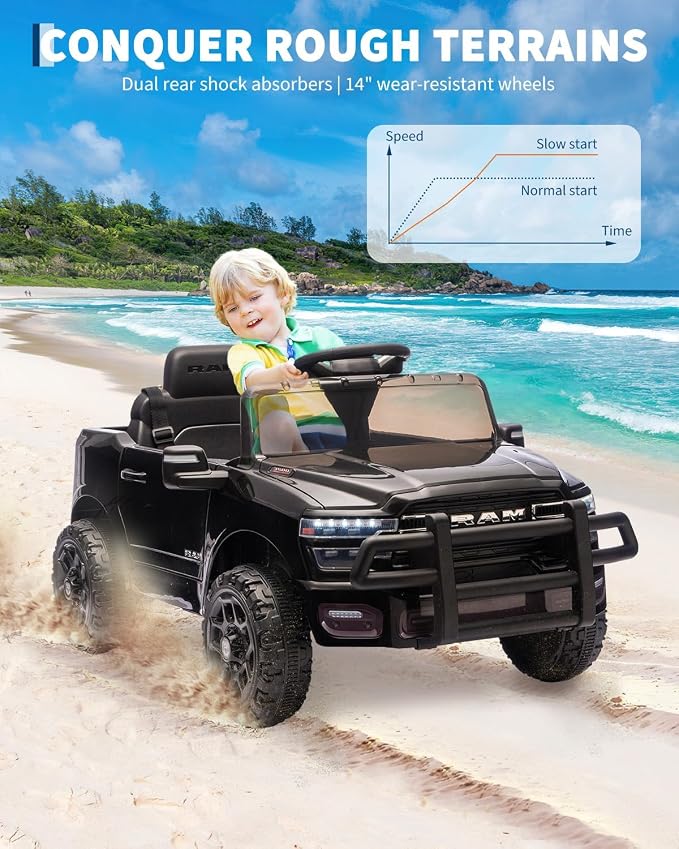 Garvee Kids Ride On Cars, Licensed RAM 12V Electric Ride On Truck Car w/Remote Control, Electric Pickup Car for Toddlers, Spring Suspension, LED Lights, Music, Ride On Toys for Boys Girls