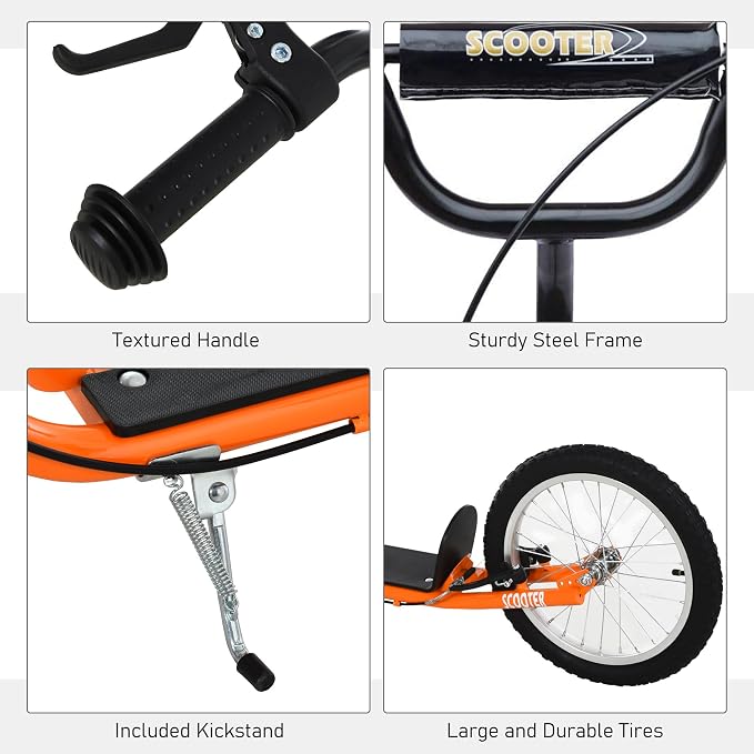 Aosom Youth Scooter Kick Scooter for Kids 5+, Max Load 220 LBS., with Adjustable Handlebar, 16" Inflatable Wheels, Dual Brakes